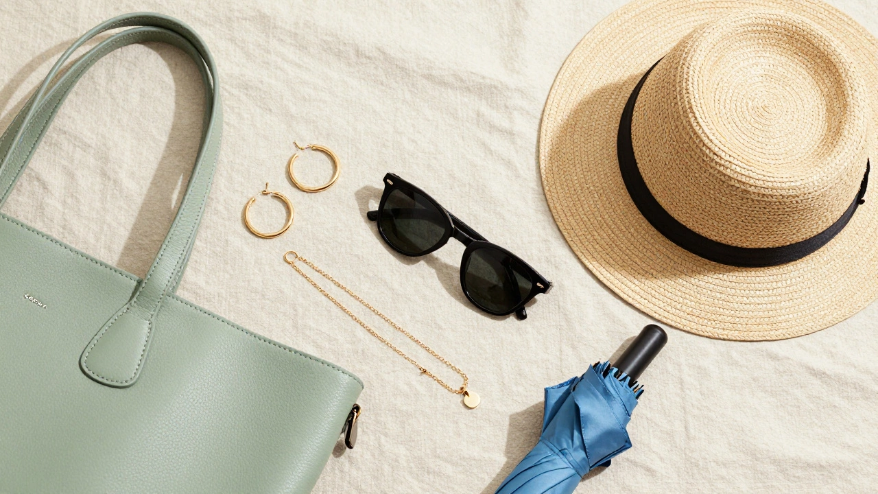 Minimalist summer accessories including hat and glasses