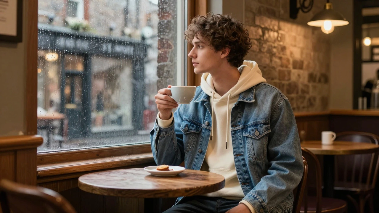 Model wearing layered hoodie and denim jacket in cozy Irish cafe