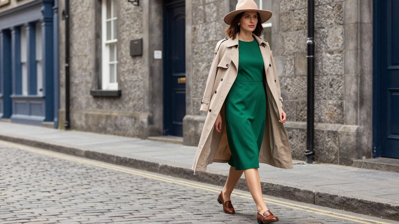 Stylish woman in green dress and trench coat walking on cobblestones