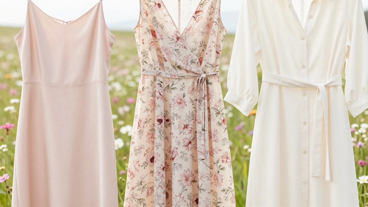 Three summer dresses: slip, wrap, and shirt styles