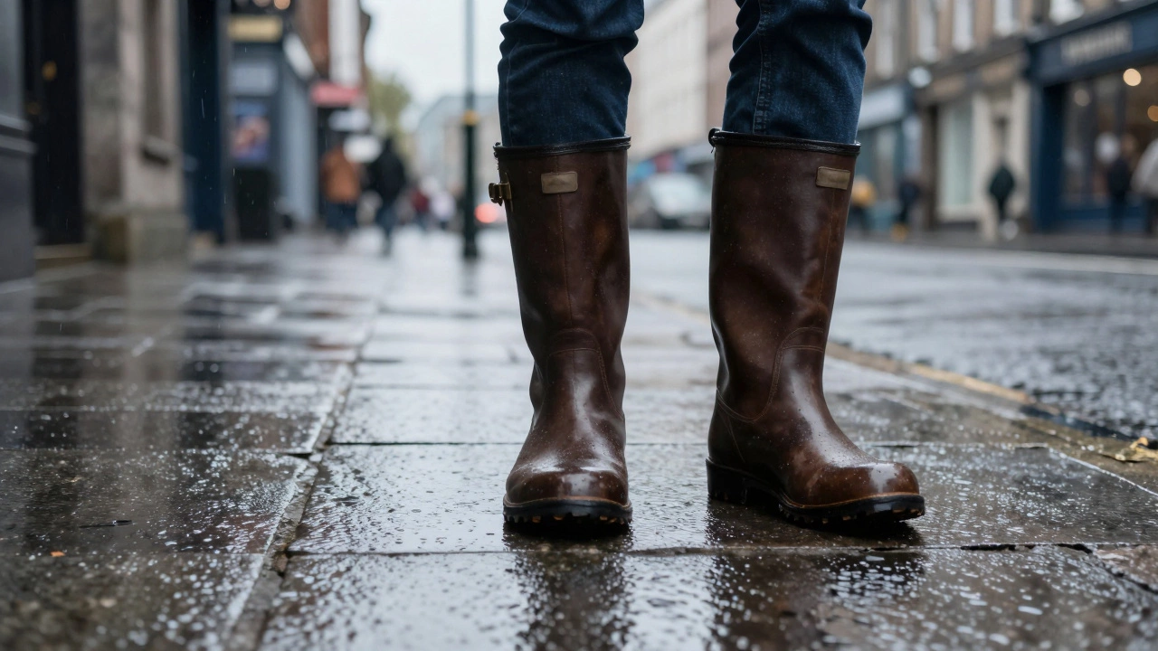 Waterproof boots stepping on wet cobblestones in rainy Dublin streets