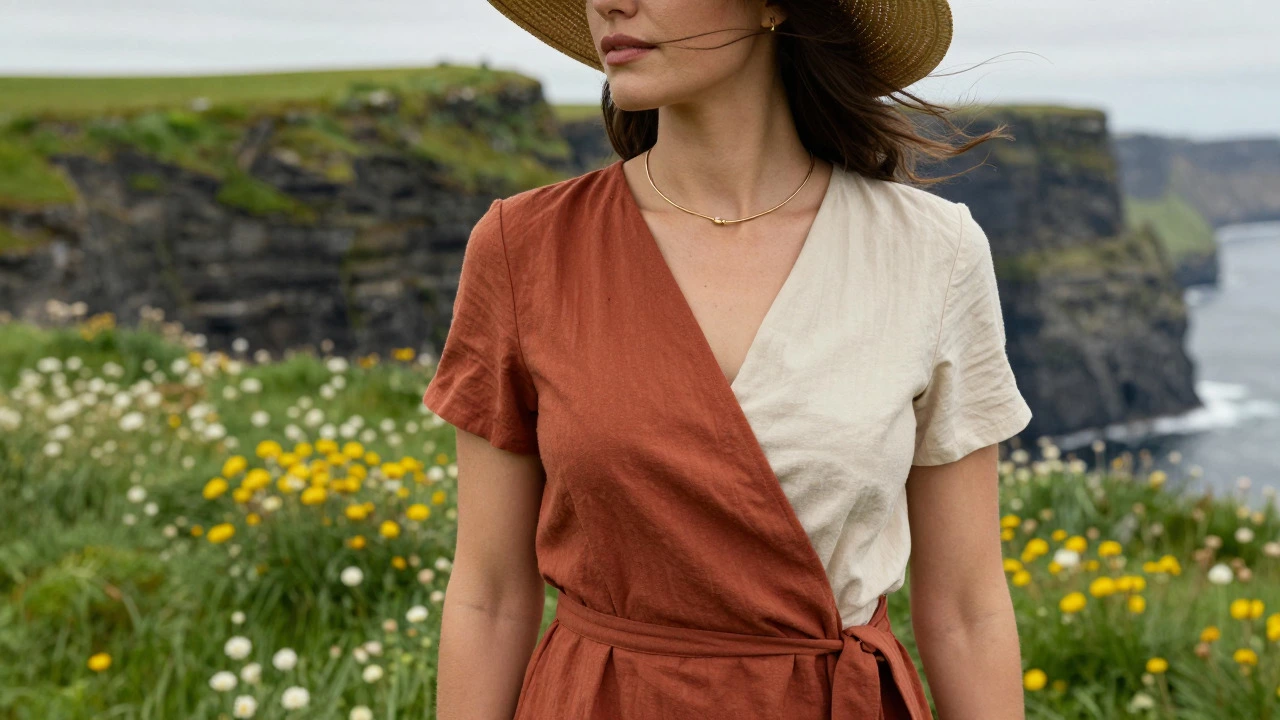 Woman in midi dress and hat in Irish landscape