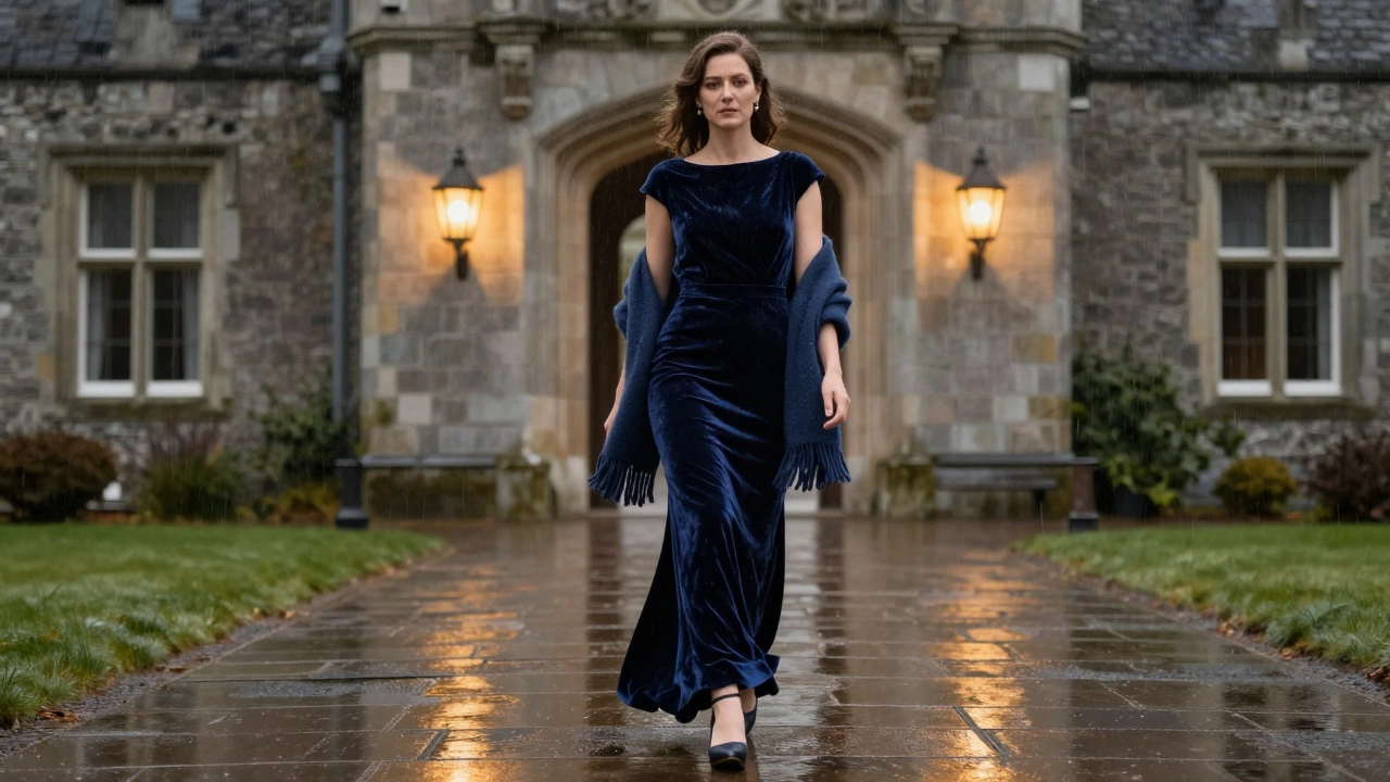 Woman in velvet gown walking to castle in Irish rain