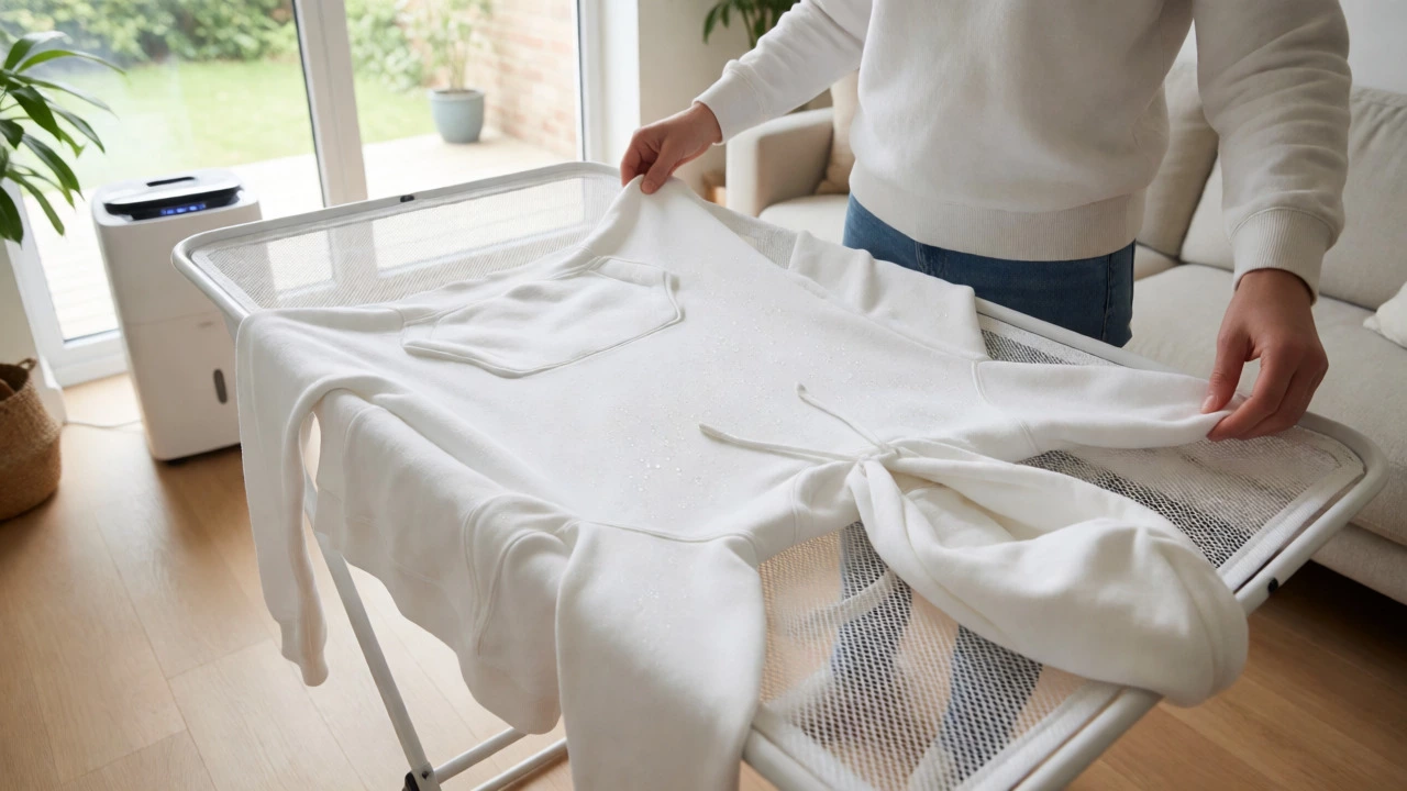 A person laying a wet hoodie flat on a drying rack next to a dehumidifier.