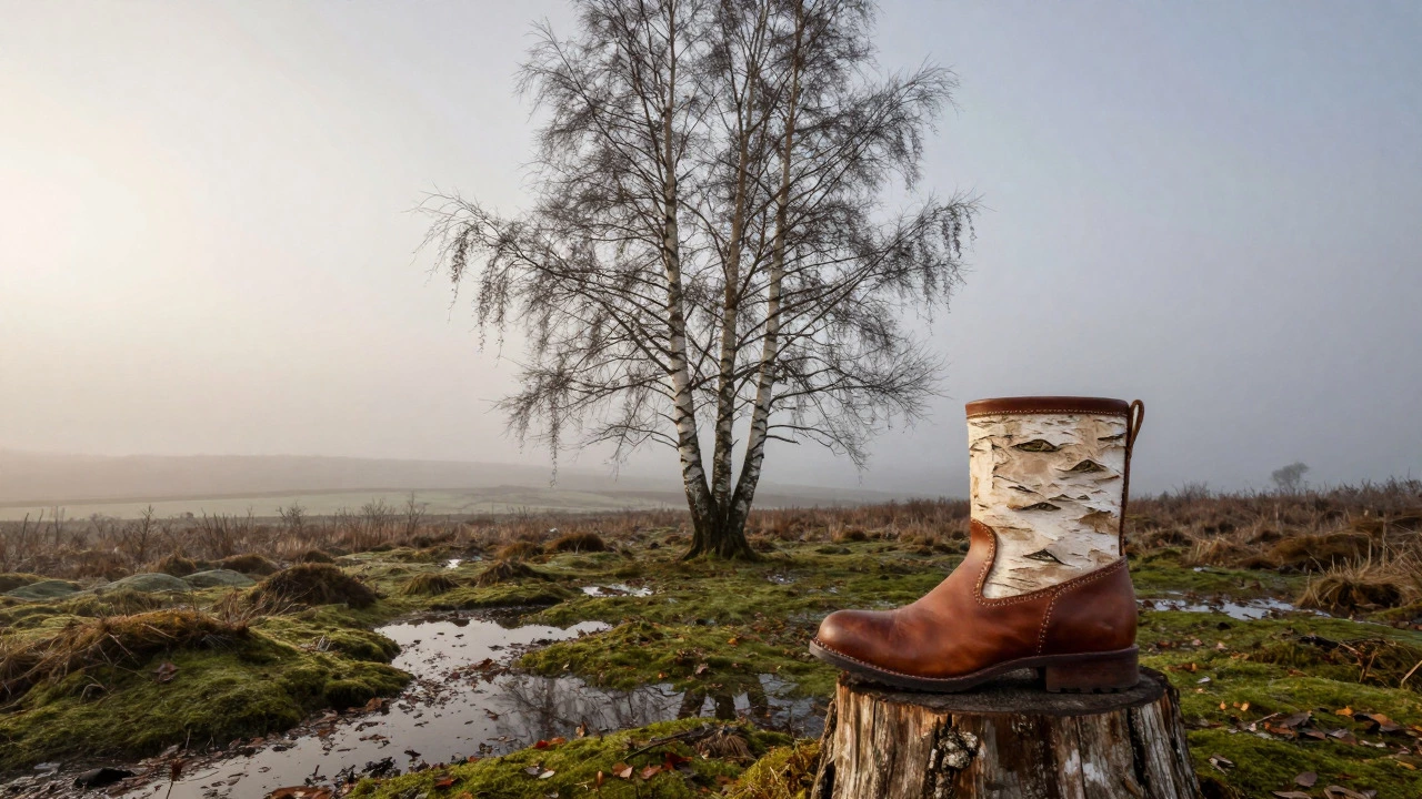Artistic scene of a birch tree in misty Ireland with a handmade boot on a stump.