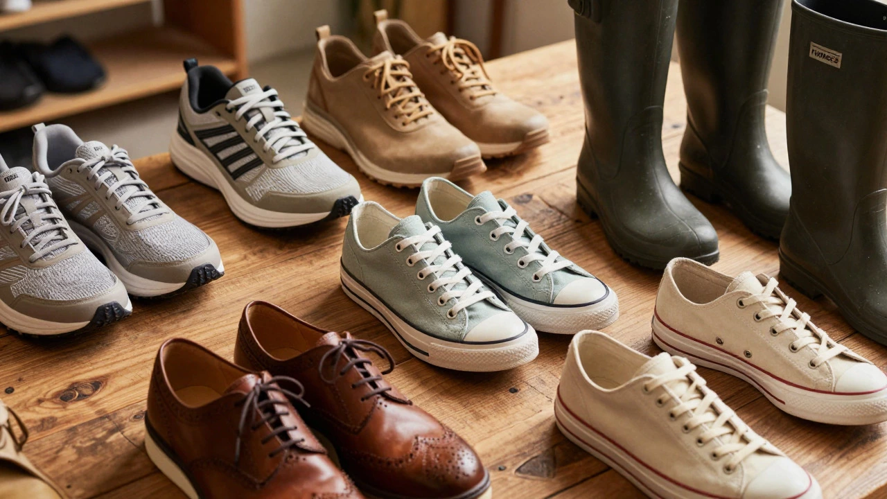 Assorted footwear including runners, brogues, and wellies on a wooden table