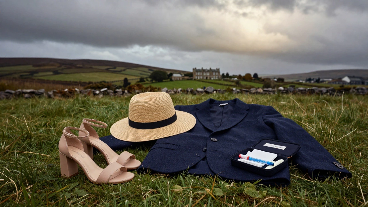 Block heels, straw hat, and wool jacket on grass with Irish landscape background