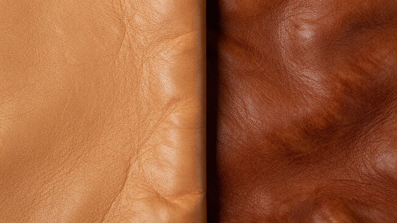 Close up comparison of new leather vs aged patina leather texture