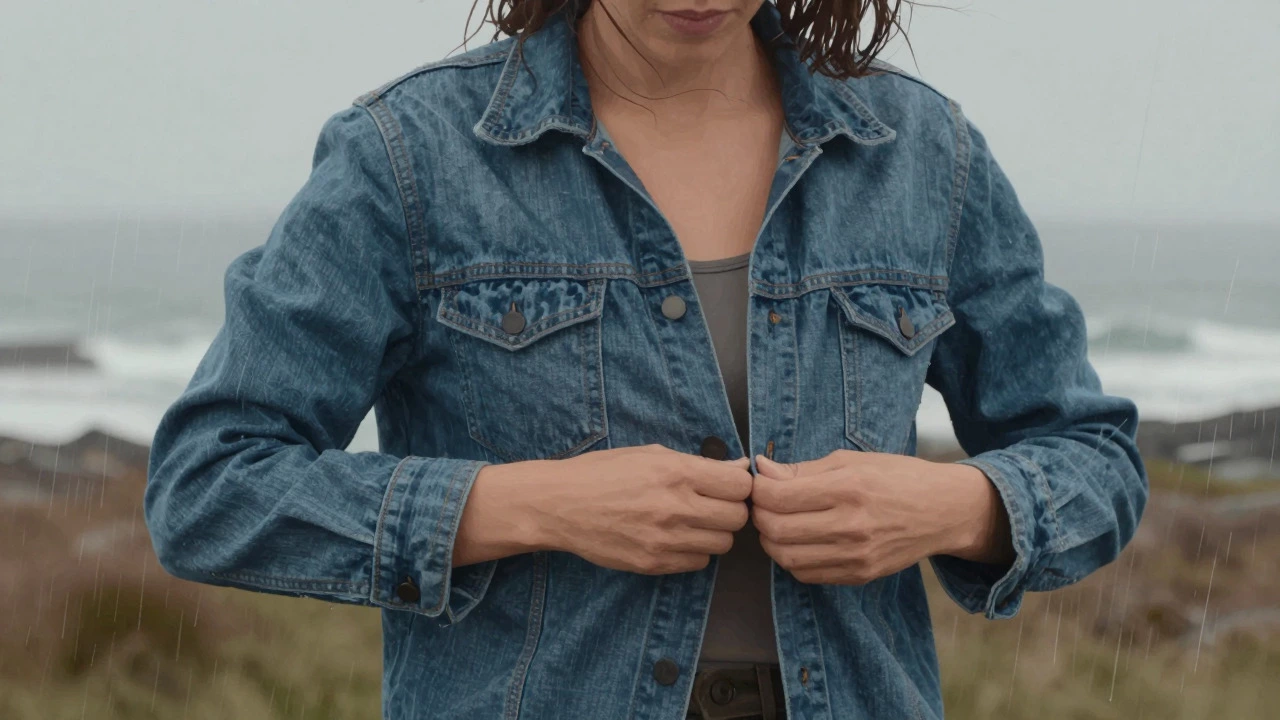 Close-up of a woman buttoning a denim boyfriend shirt against a rainy, windy backdrop