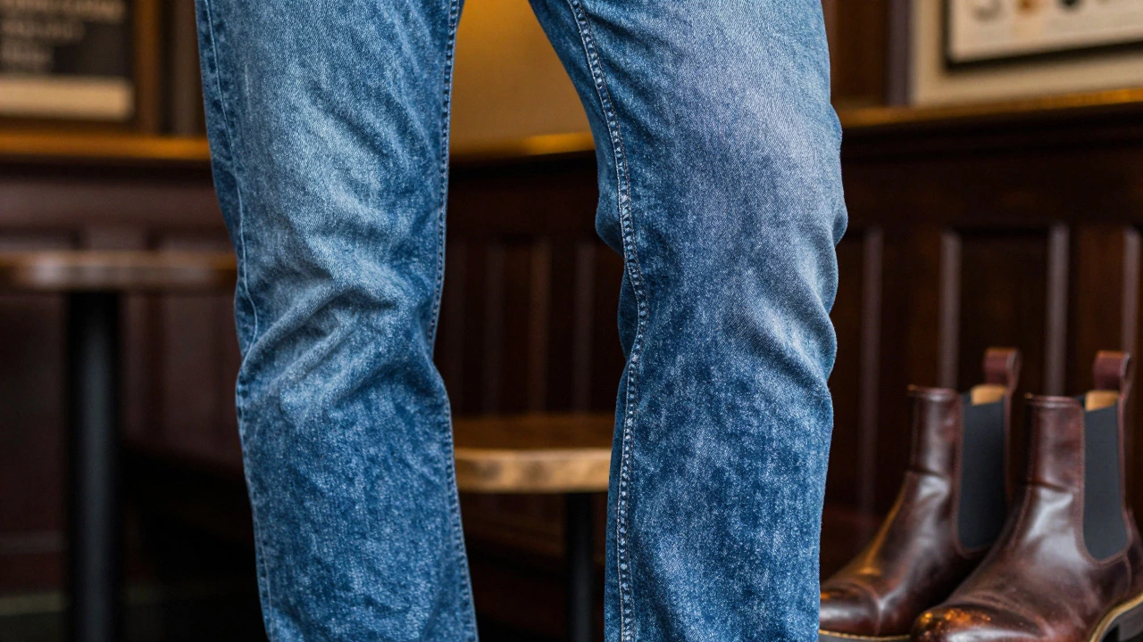 Close-up of high-quality denim jeans and leather boots in pub setting