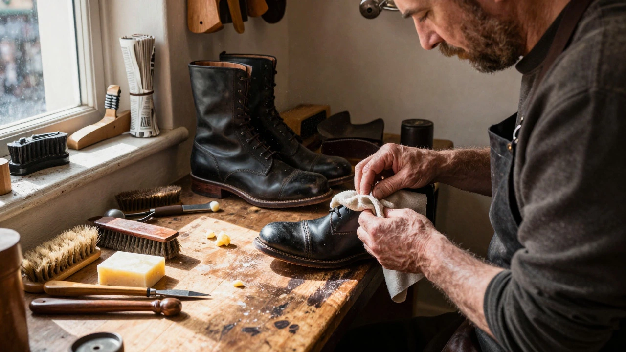 Cobbler applying wax conditioner to worn leather boots in workshop