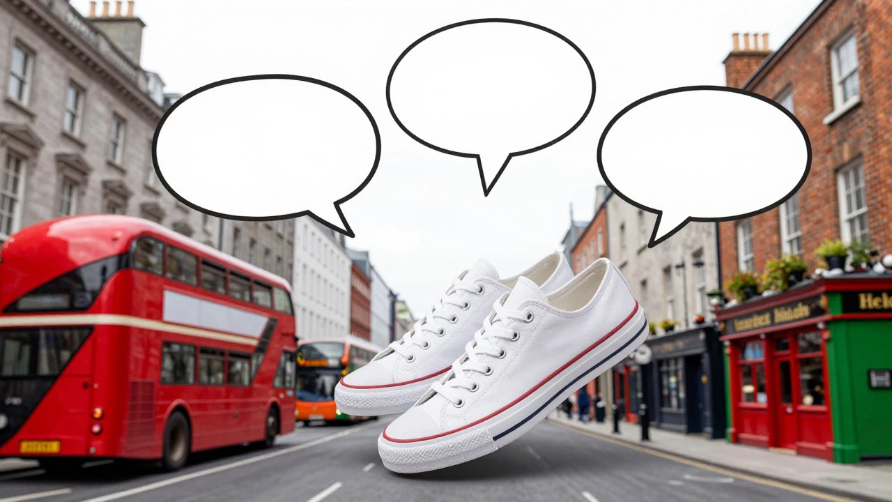Conceptual art showing trainers connecting London and Dublin streetscapes