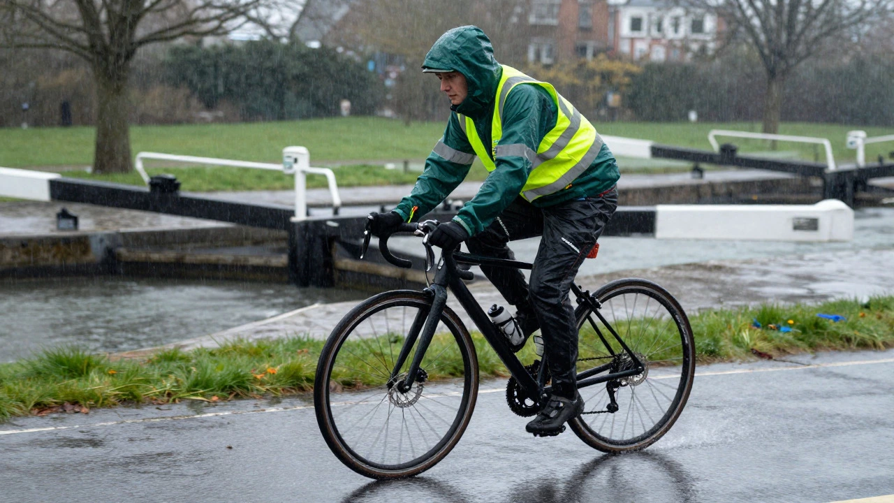Cyclist in waterproof gear riding along Grand Canal during Irish rain
