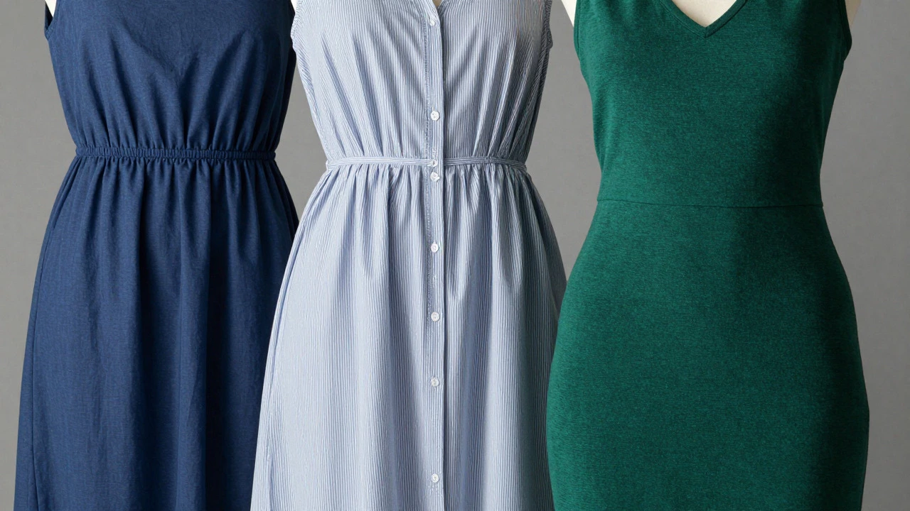 Display of empire waist and striped dresses highlighting flattering cuts