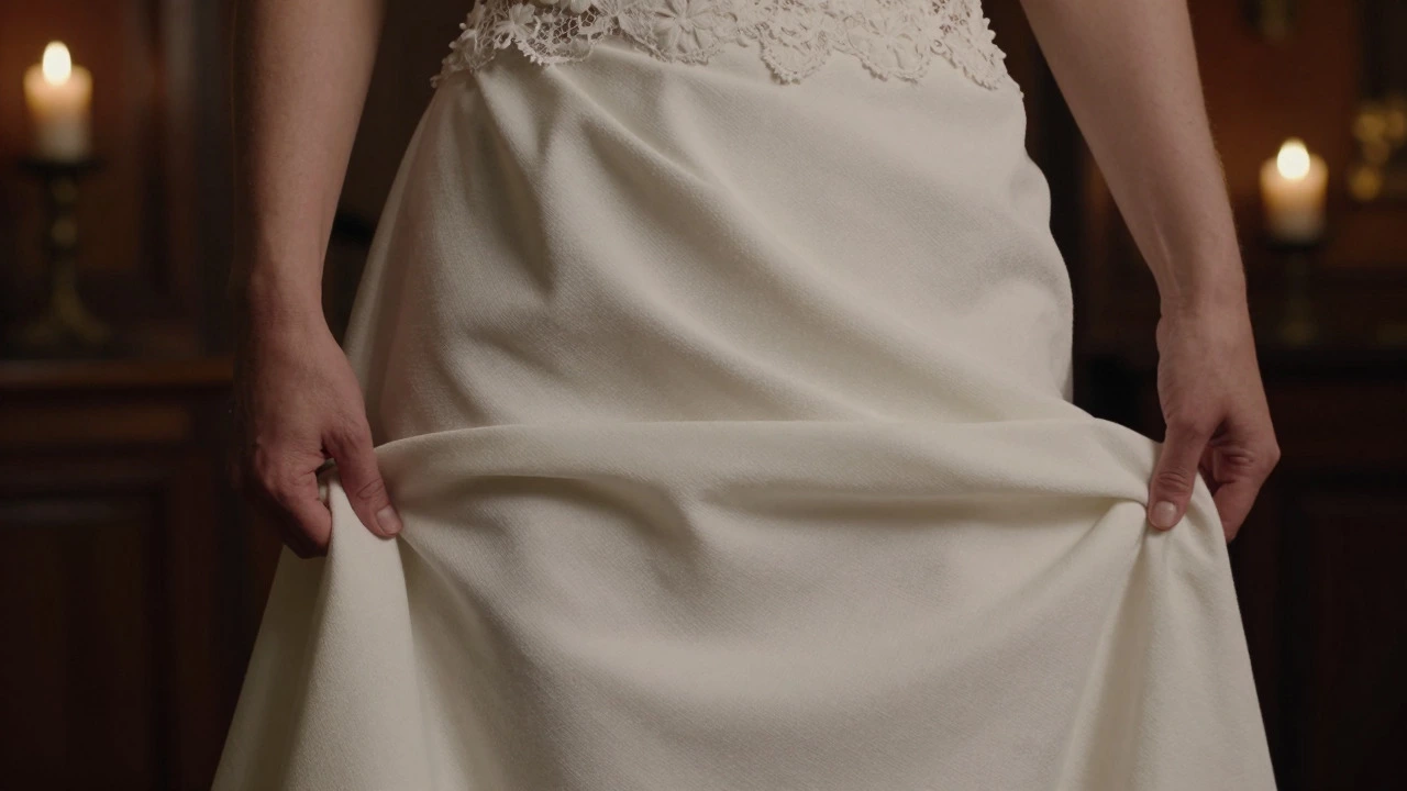 Hands adjusting the hem of a structured ivory taffeta dress