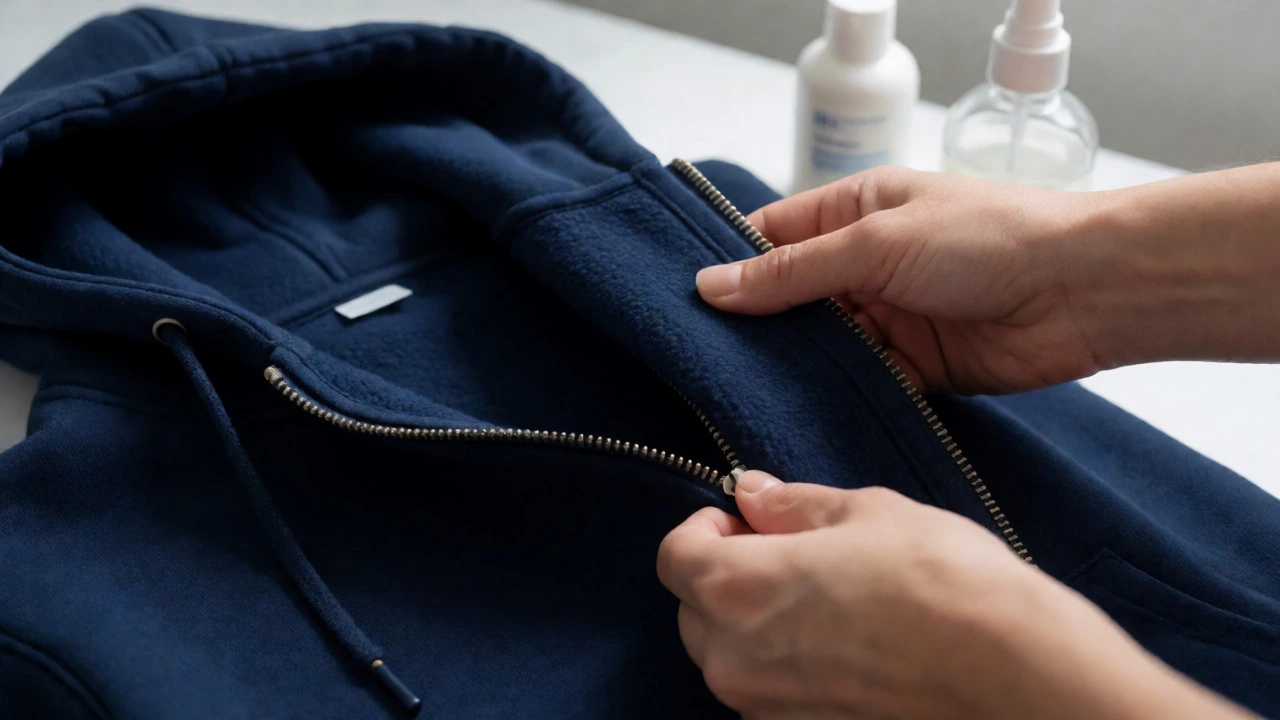 Hands turning a navy hoodie inside out and zipping it up before washing.