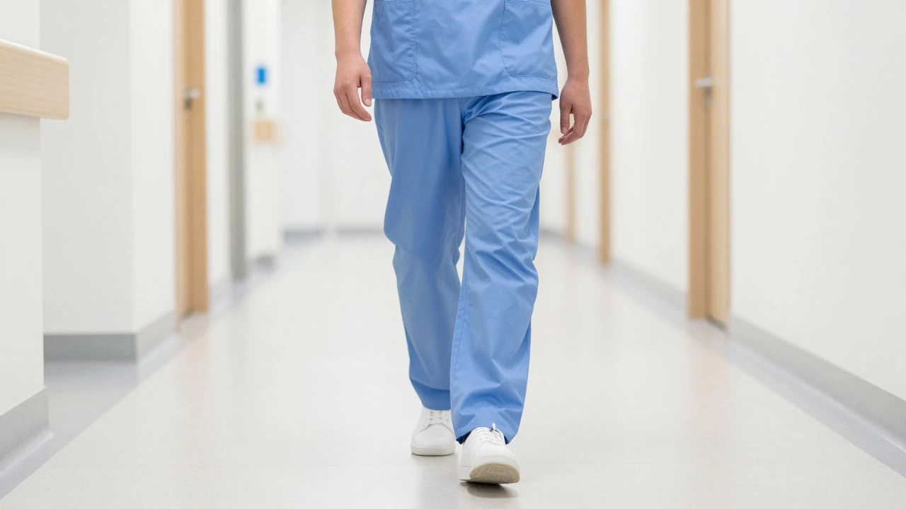 Healthcare worker in white shoes walking through a hospital corridor