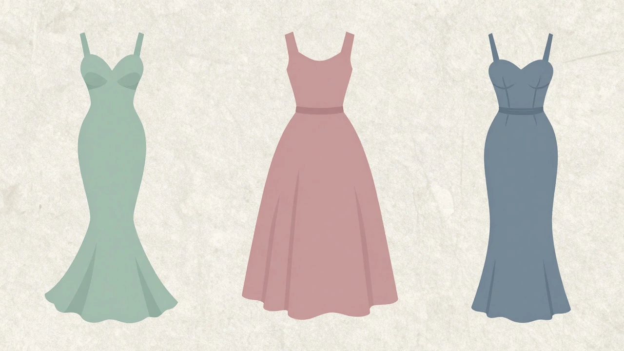 Illustration of mermaid, A-line, and empire waist dress silhouettes