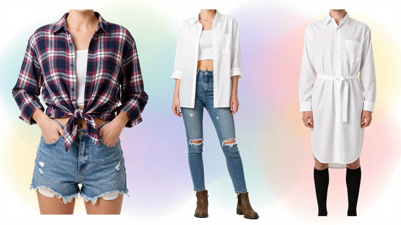 Illustration showing three ways to style an oversized shirt: tucked, layered, and as a dress
