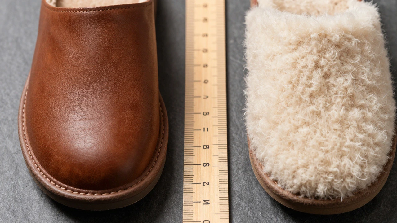 Leather vs fleece slippers compared with a ruler for sizing