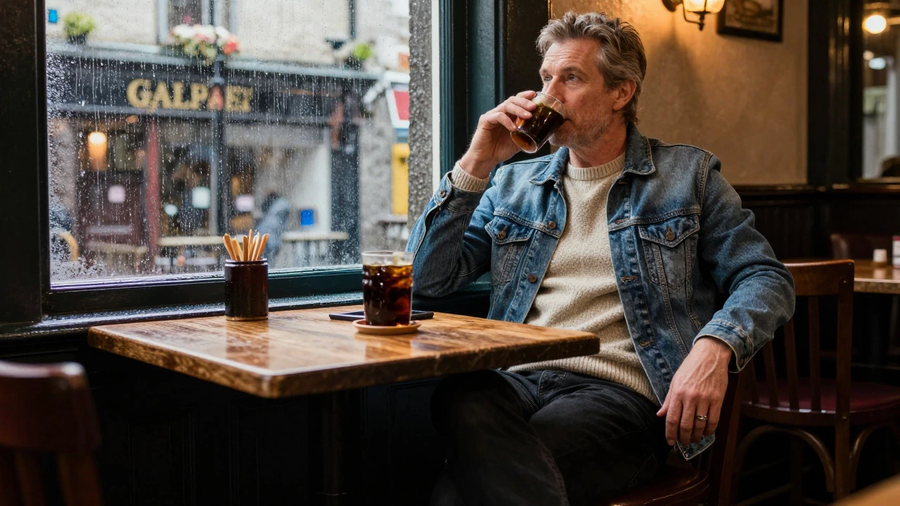 Man in 50s sitting comfortably in Irish pub wearing smart casual jeans