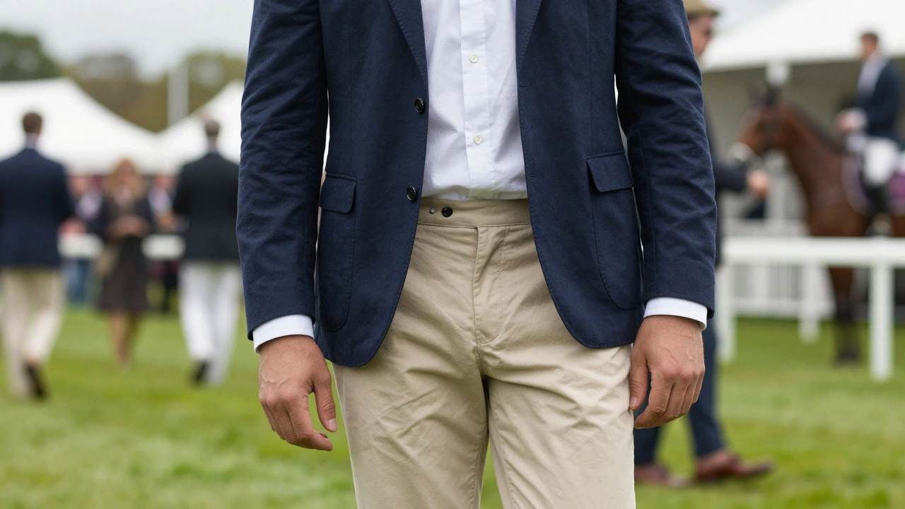 Man in navy blazer, white shirt, and beige chinos showing smart casual summer style