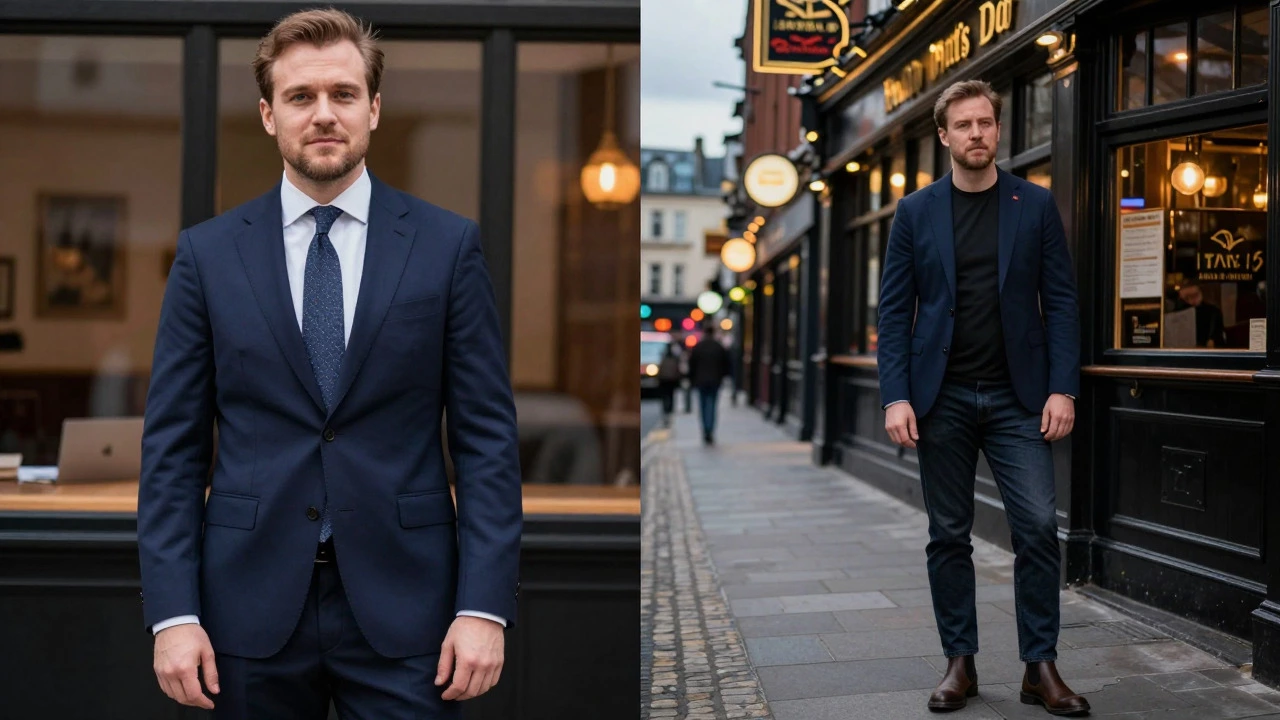 Man styling same suit for office and evening out