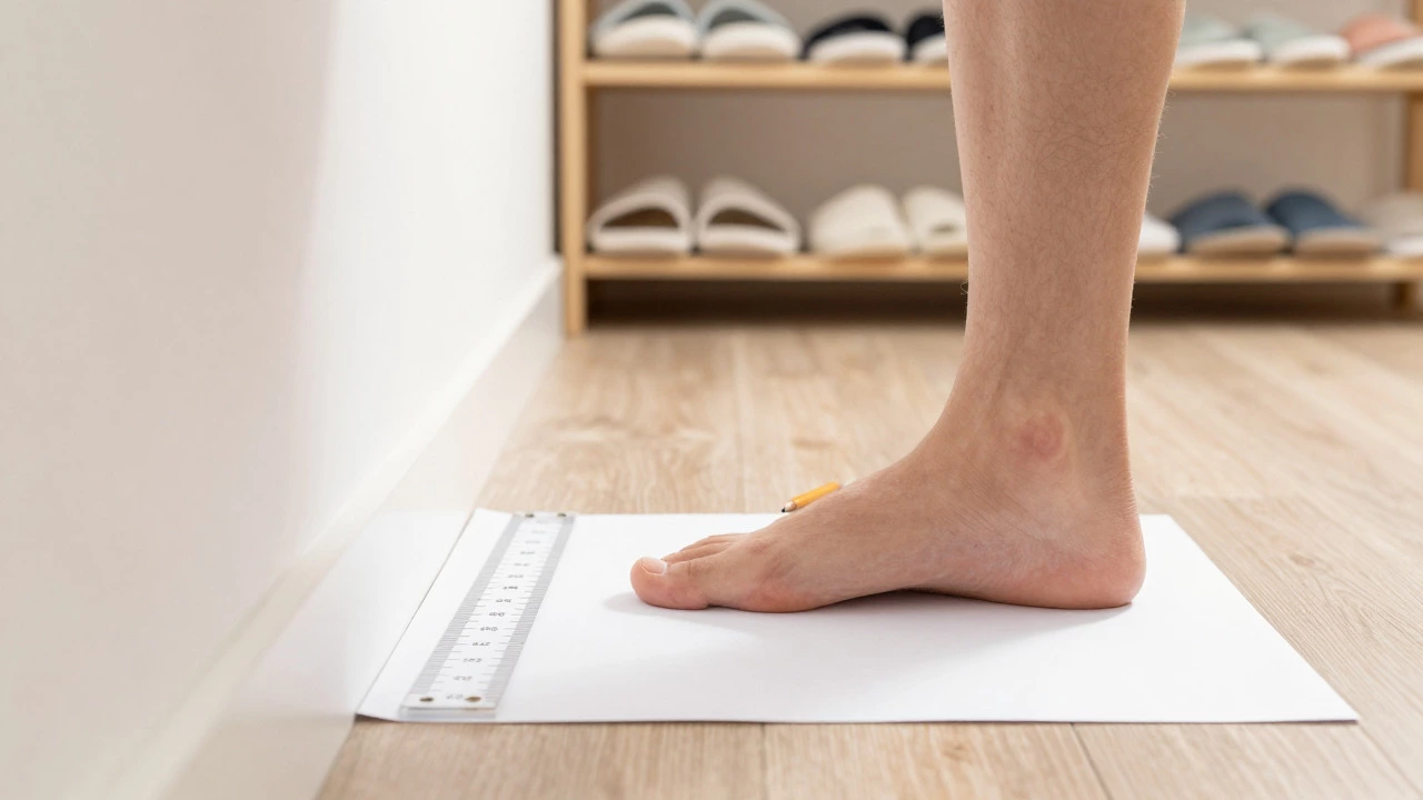 Measuring foot length on paper with a ruler for slipper fit