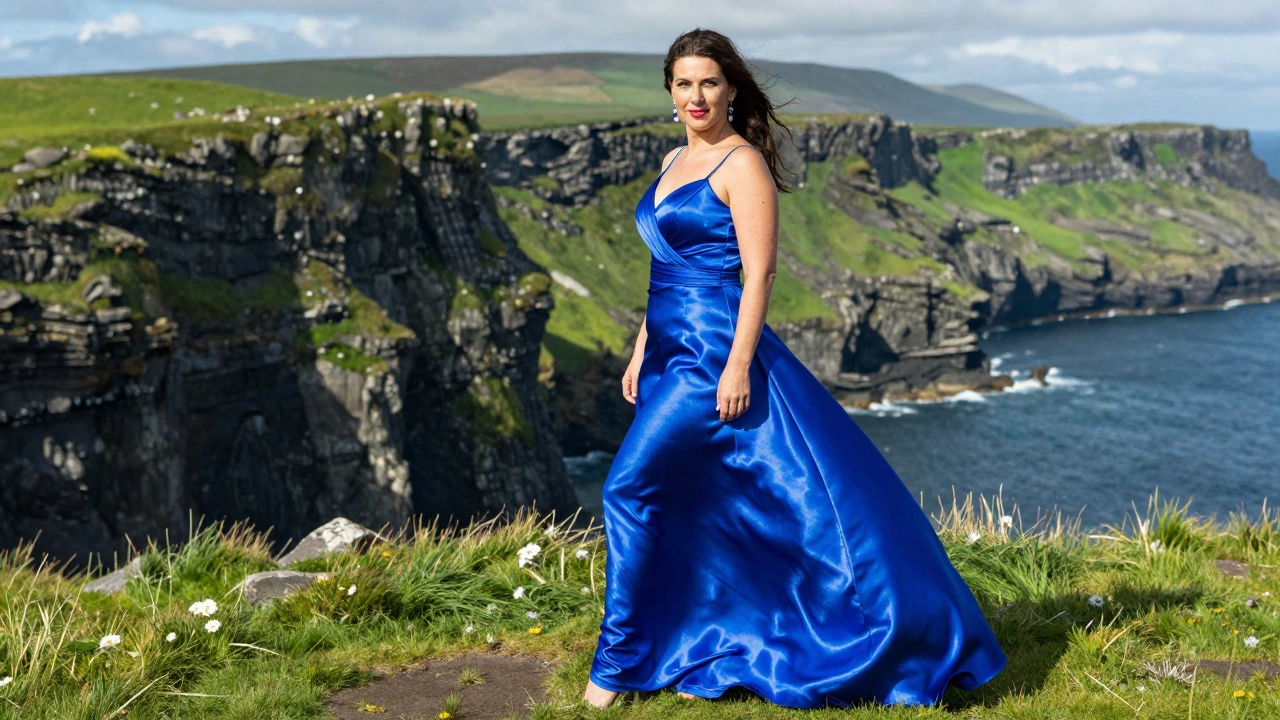 Royal blue dress against Irish cliffs