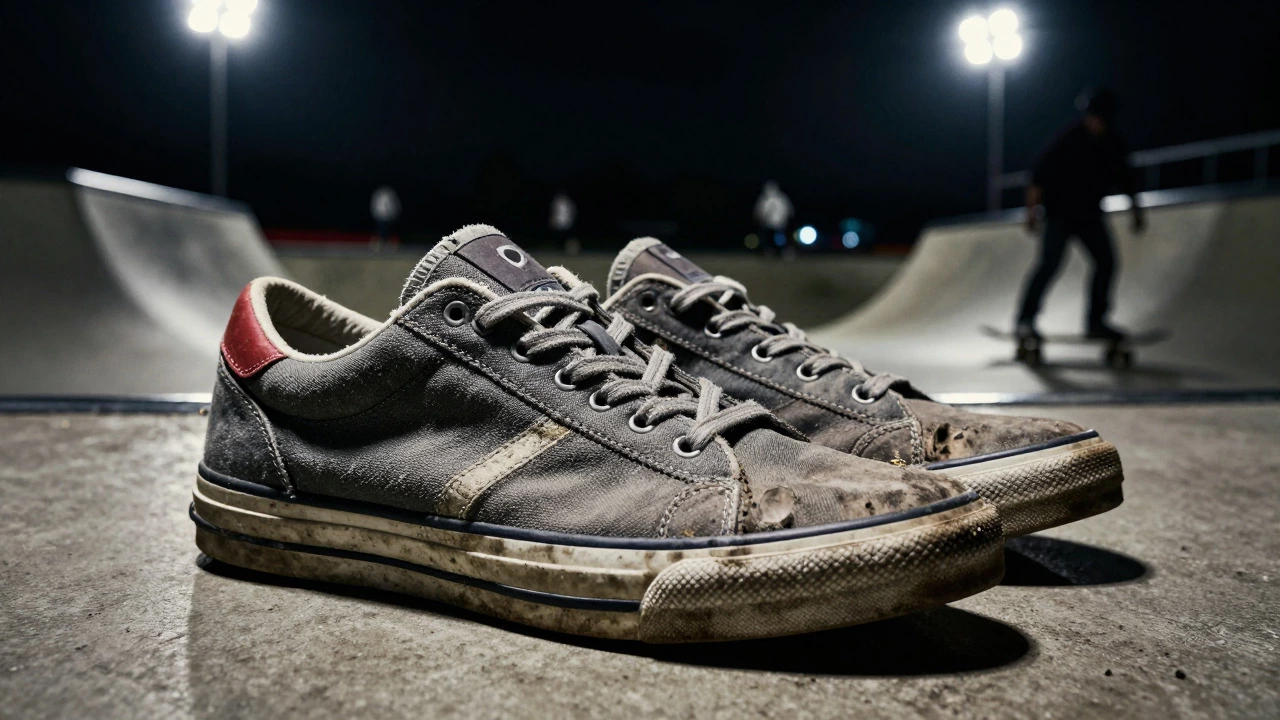 Rugged, worn sneakers on a concrete skate park floor under industrial lights