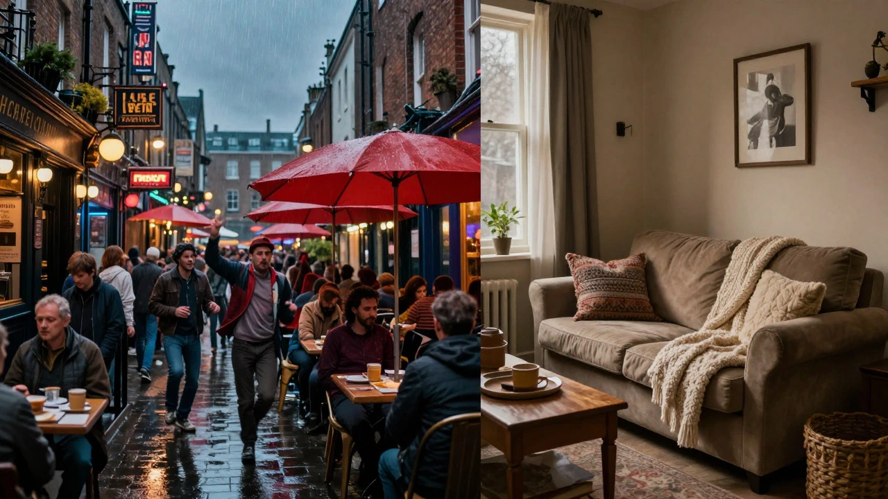 Split image contrasting a rainy British pub terrace with a cozy Irish living room