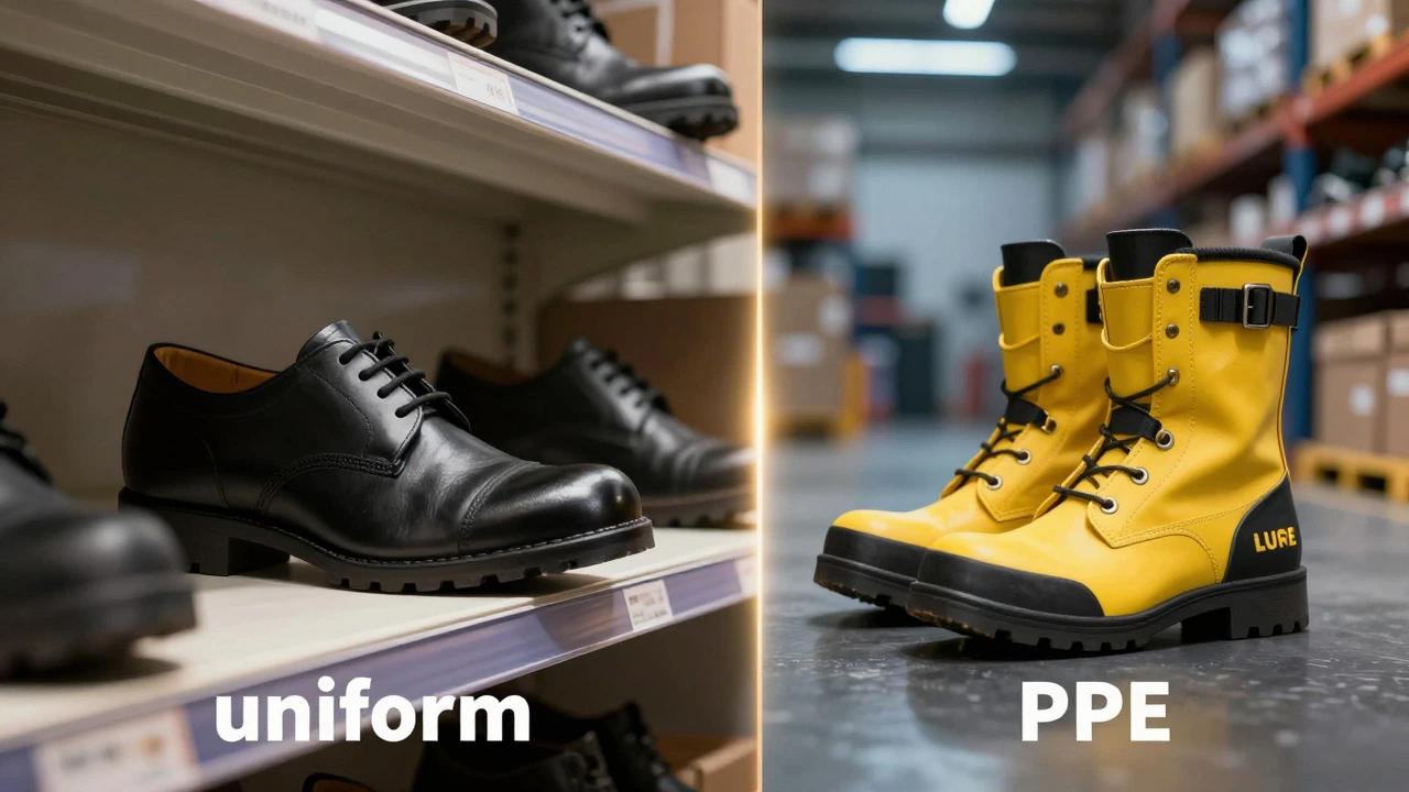 Split image contrasting retail dress shoes with industrial safety boots