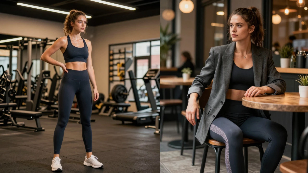 Split view of athlete in gym transitioning to cafe in stylish athleisure
