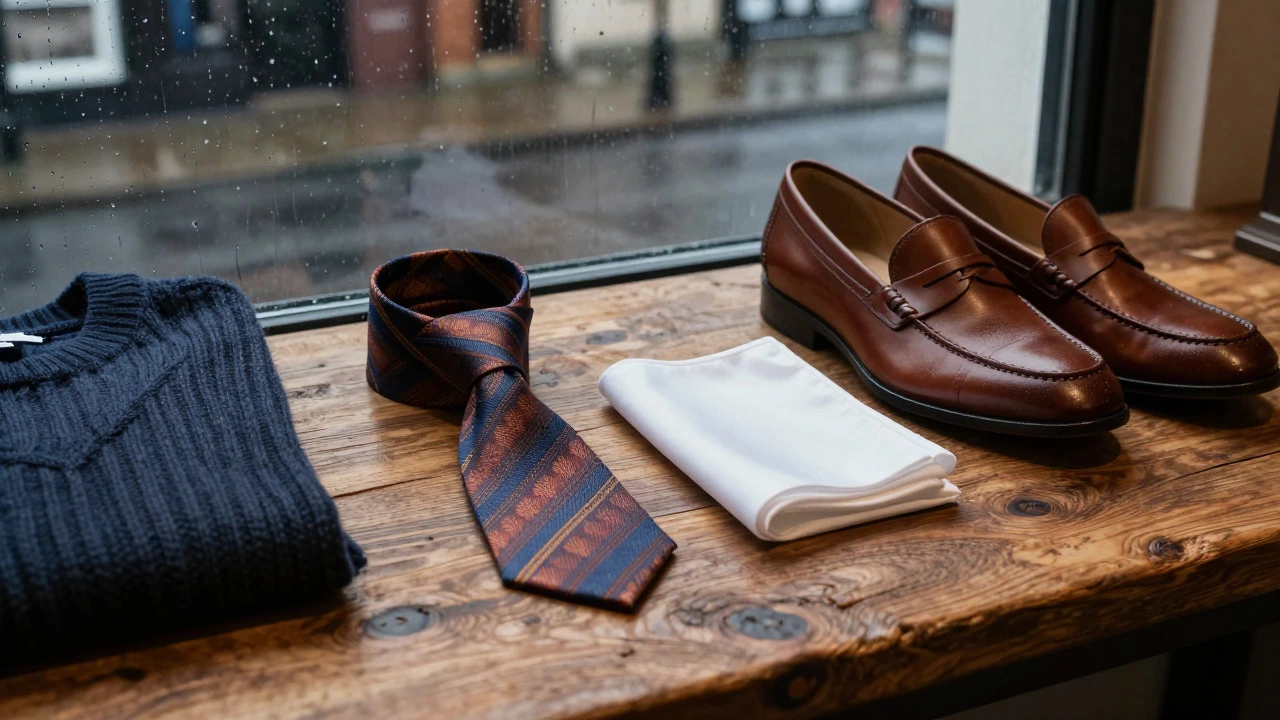 Suit accessories on table with rainy Dublin view