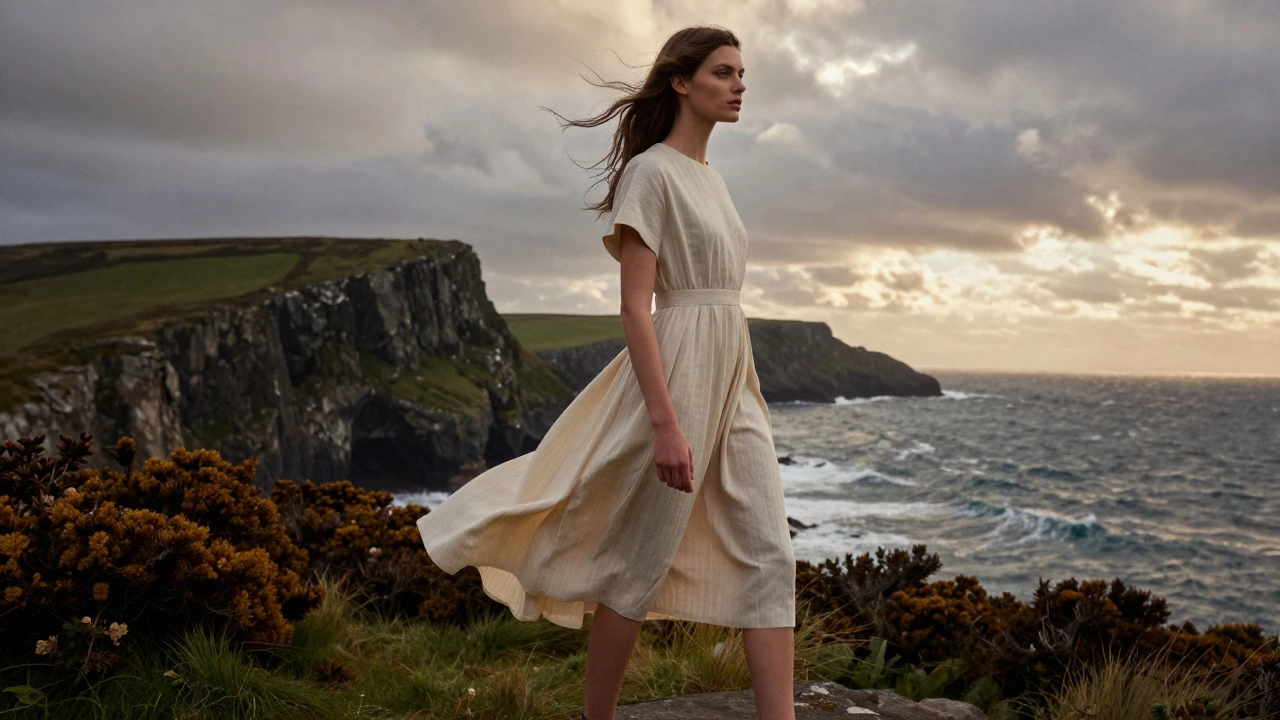 Woman in a midi dress standing on a windy cliff in County Wicklow, Ireland