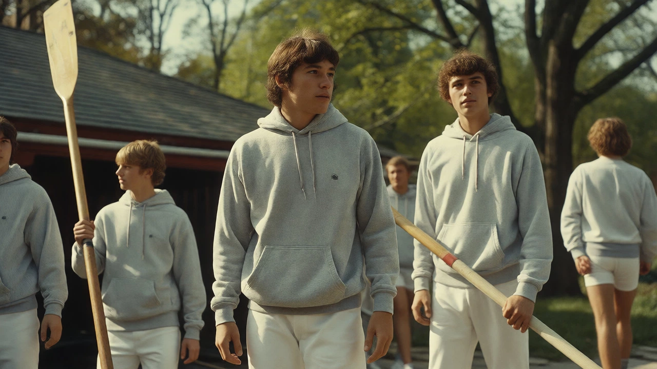 1970s Ivy League athletes in grey hoodies with kangaroo pockets near a boathouse