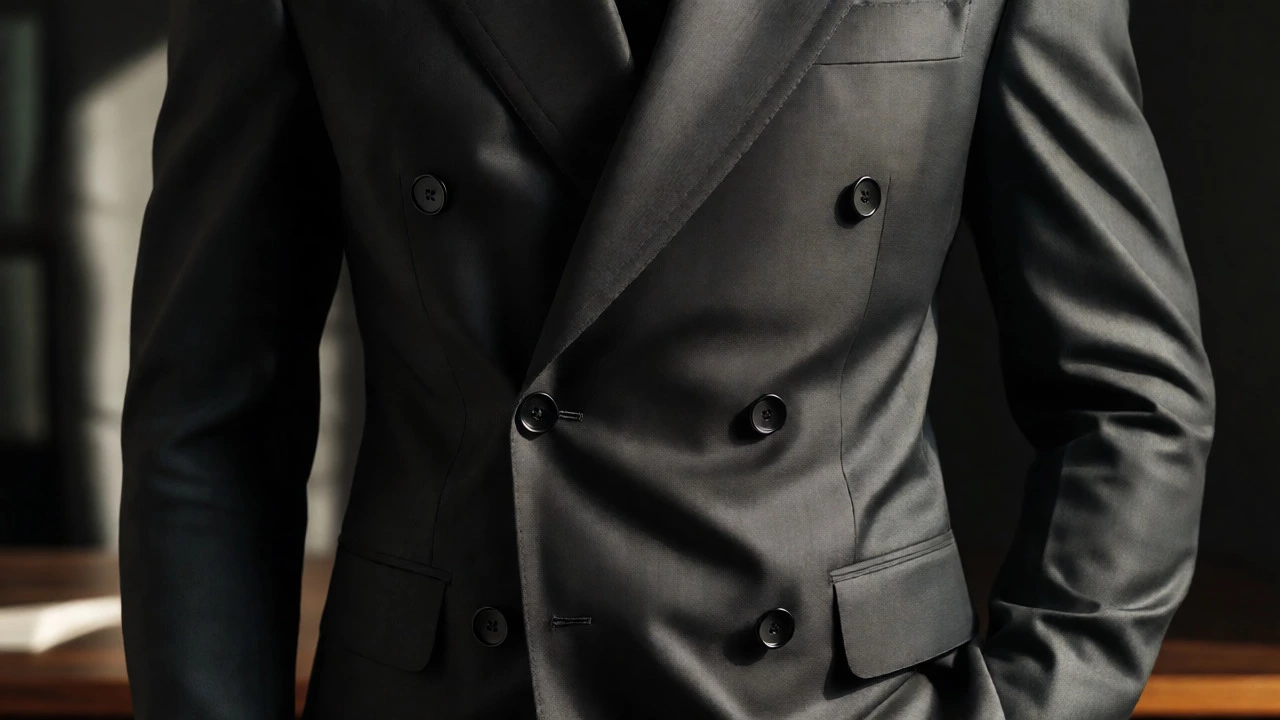 Close-up of a charcoal double-breasted suit showing tailored fit and buttons.