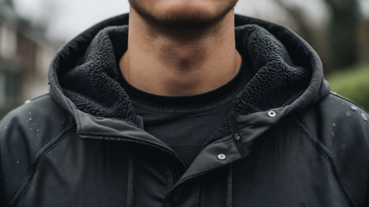 Close-up of a person wearing a dark hoodie over a thin thermal base layer