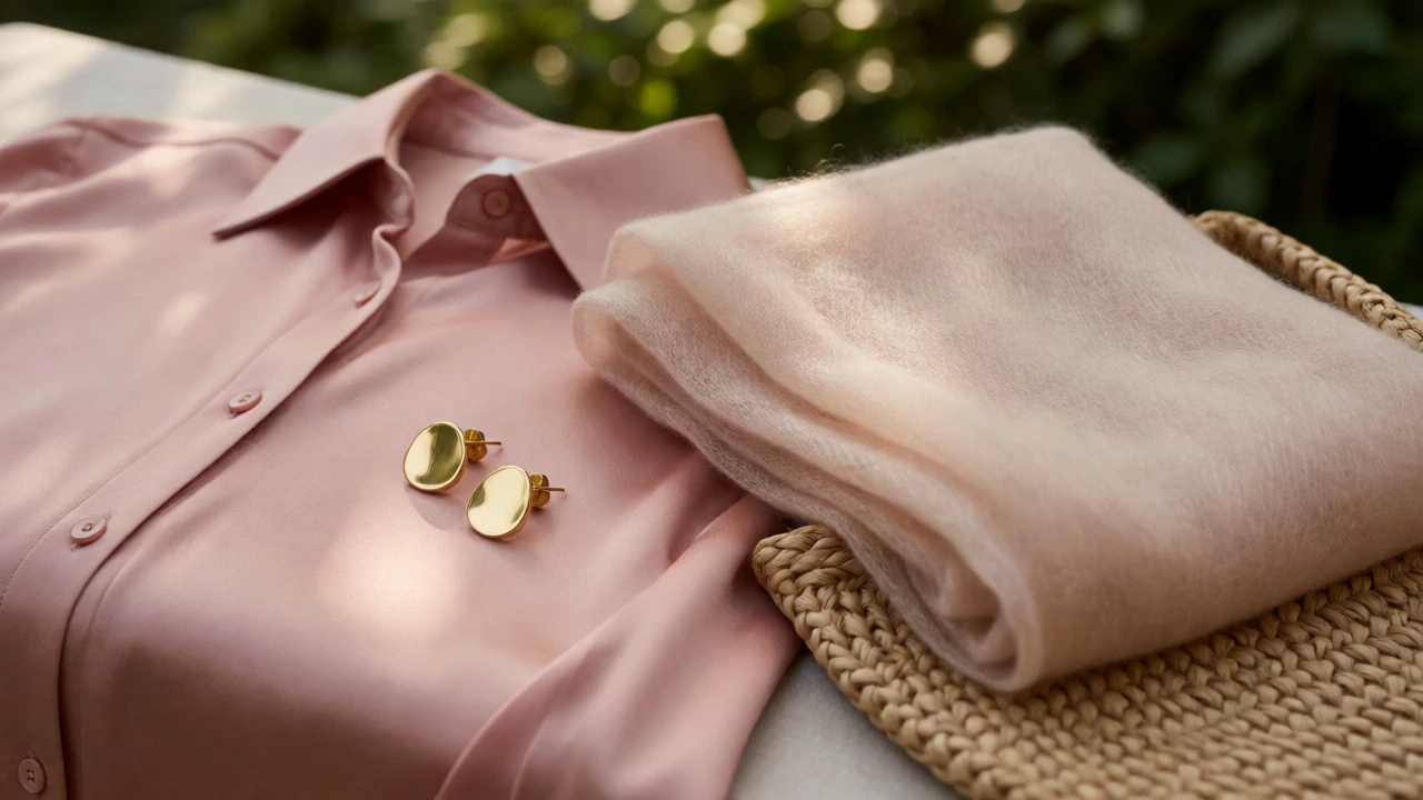 Close-up of pink Tencel shirt and accessories