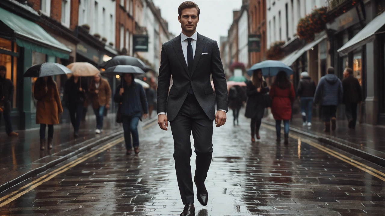 Confident man in a durable dark suit walking on rainy Grafton Street.