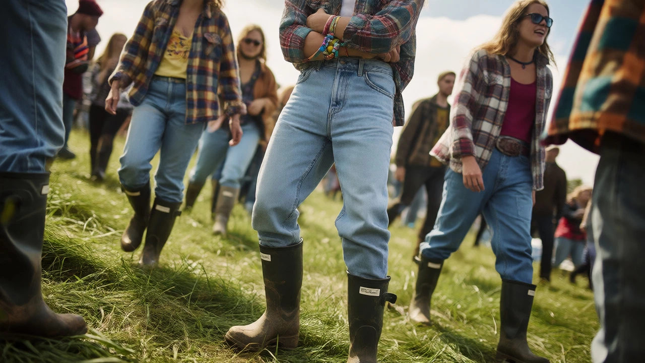 Festival-goer in light wash jeans and wellies on grass