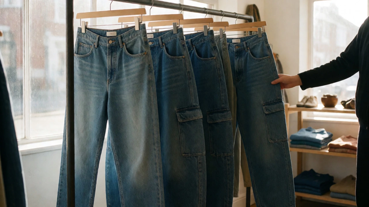 Hand selecting sustainable organic cotton jeans from a rack in a Dublin vintage boutique.