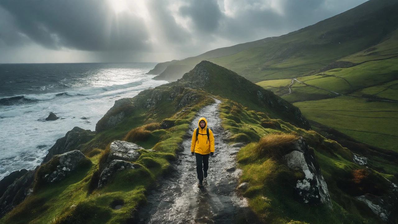 Hiker in yellow jacket on Kerry coast with dramatic clouds