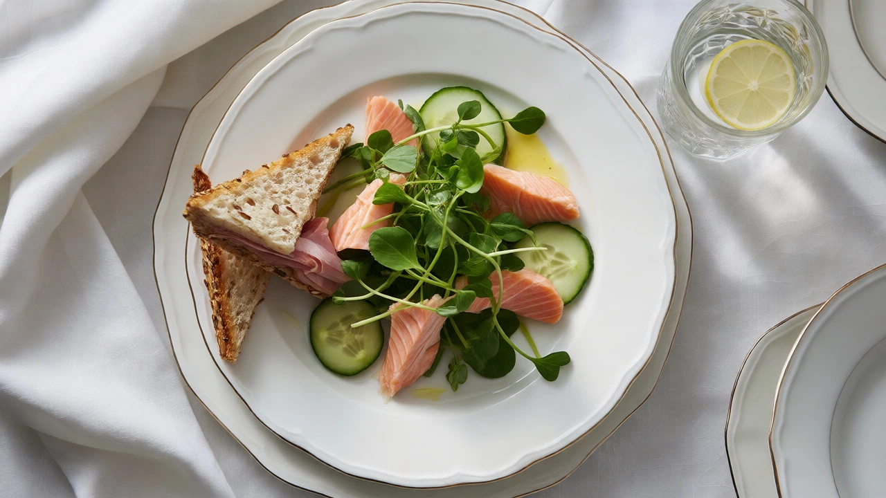 Light lunch plate with poached salmon salad and whole-grain sandwiches