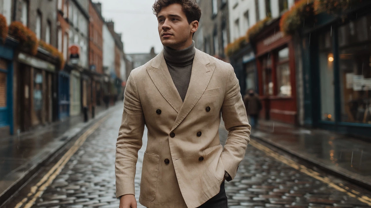 Man in a beige double-breasted linen jacket walking in rainy Irish weather.