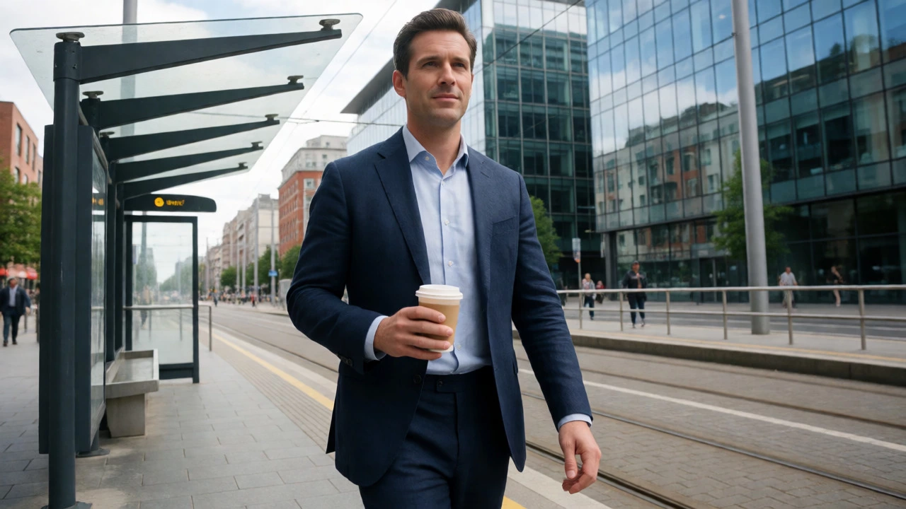 Man in navy linen suit near Dublin tram