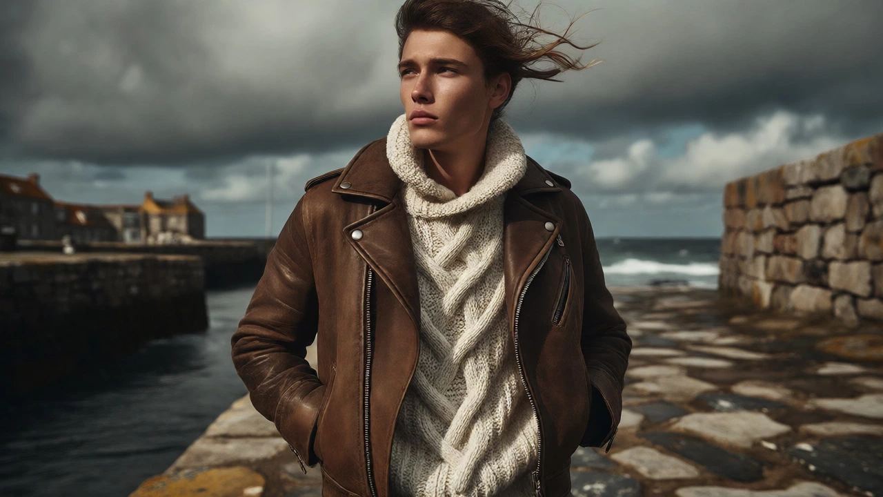 Model wearing a leather biker jacket and cable-knit sweater by the windy Cork quays.