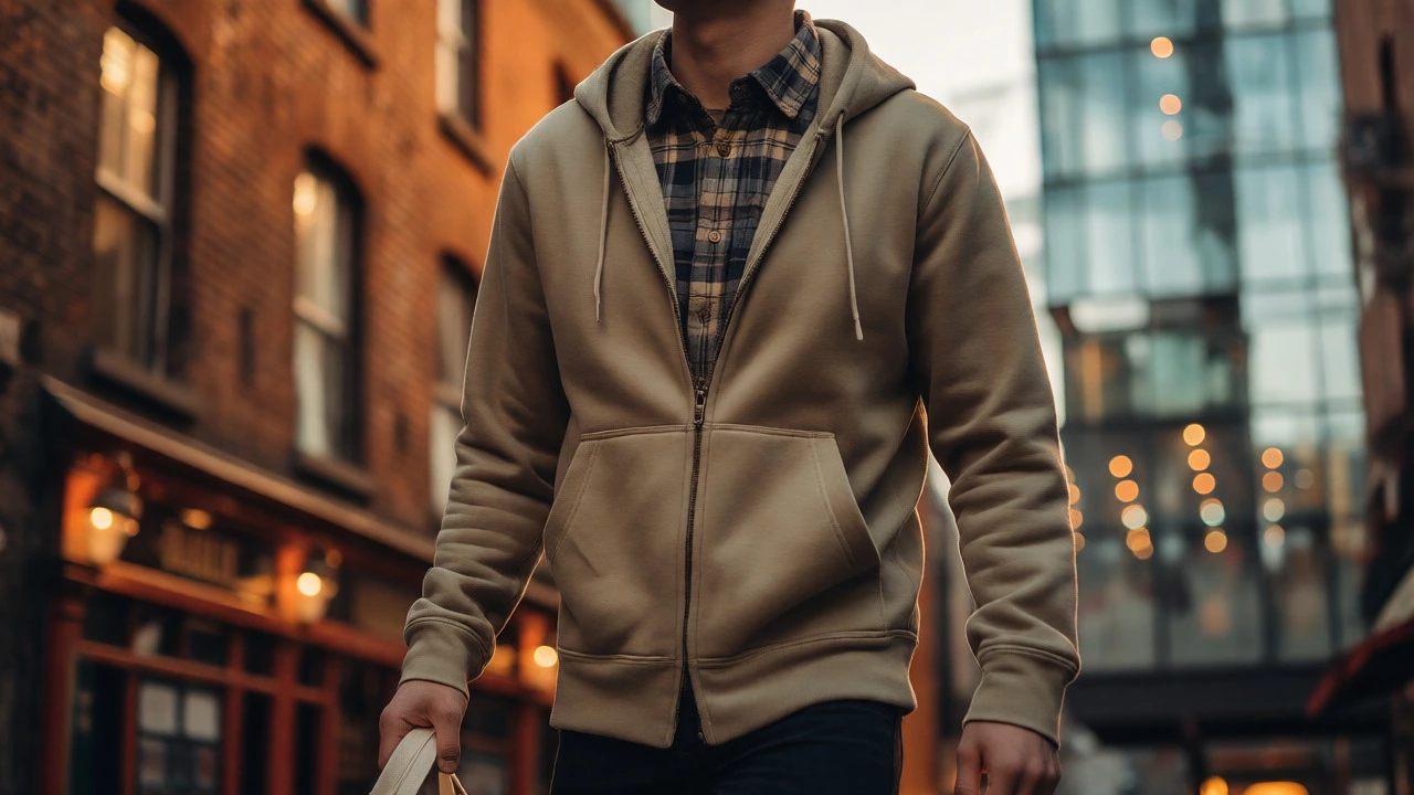 Person in Dublin wearing an open zip-up hoodie over a slim-fit flannel shirt