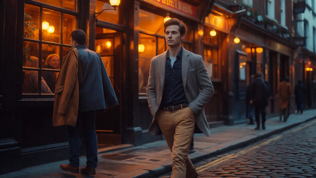 Professional in blazer walking near Temple Bar pub in Dublin