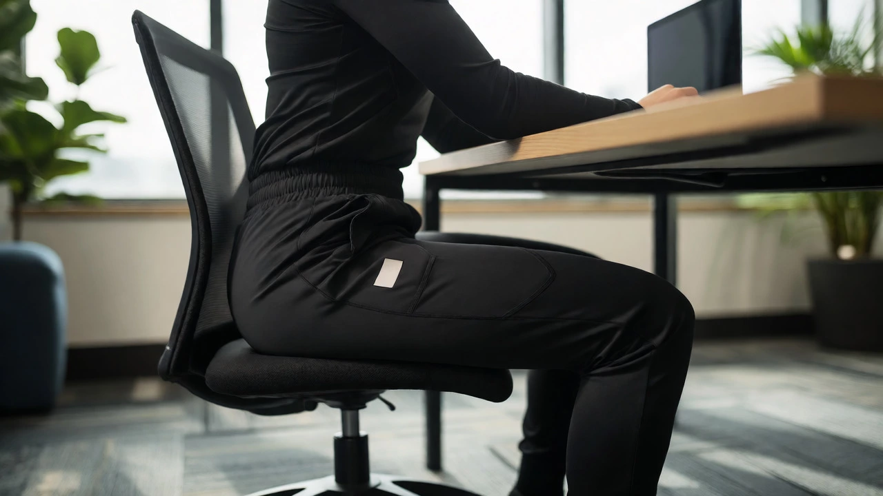 Professional wearing sleek black activewear in a modern office setting
